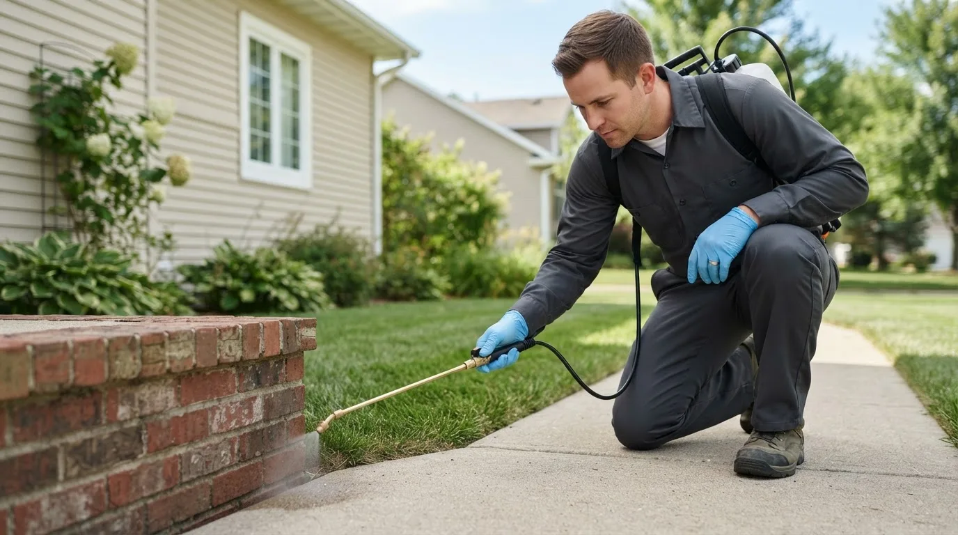 Pest control technician treating a home near Mead, CO